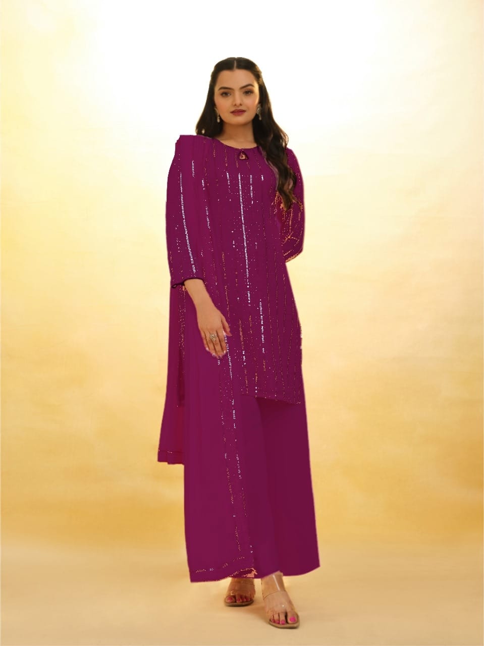 Purple Elegant Georgette Sequins Embroidered Top with Palazzo & Dupatta