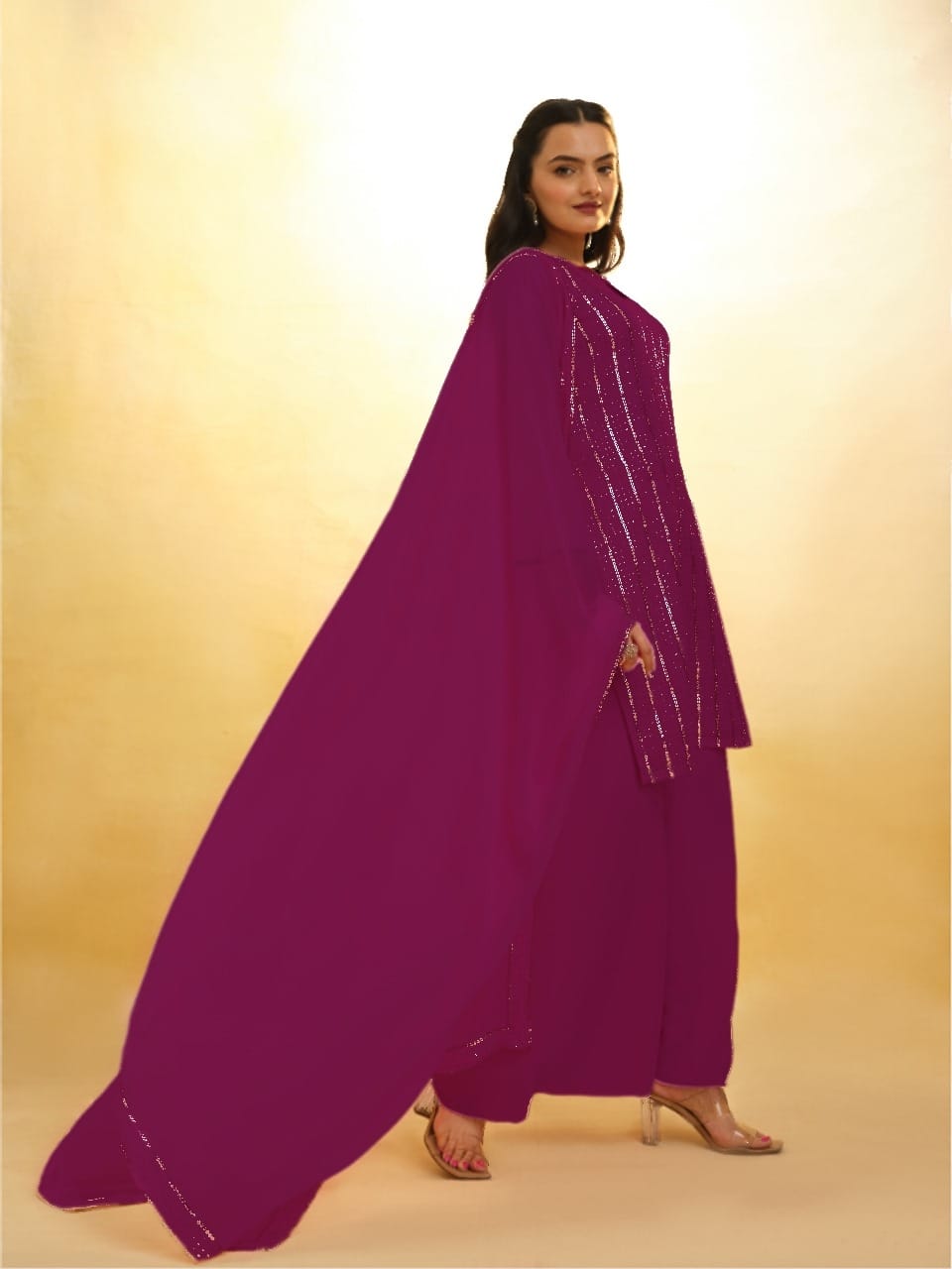Purple Elegant Georgette Sequins Embroidered Top with Palazzo & Dupatta