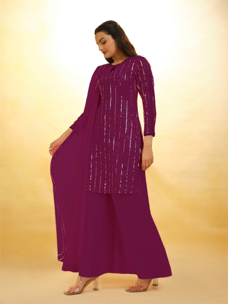 Purple Elegant Georgette Sequins Embroidered Top with Palazzo & Dupatta