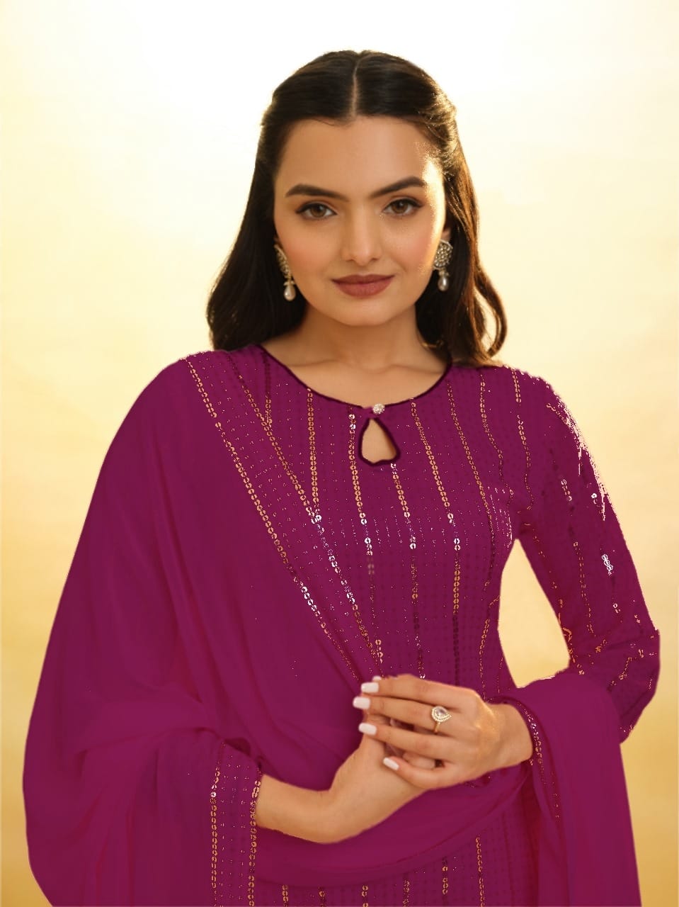Purple Elegant Georgette Sequins Embroidered Top with Palazzo & Dupatta