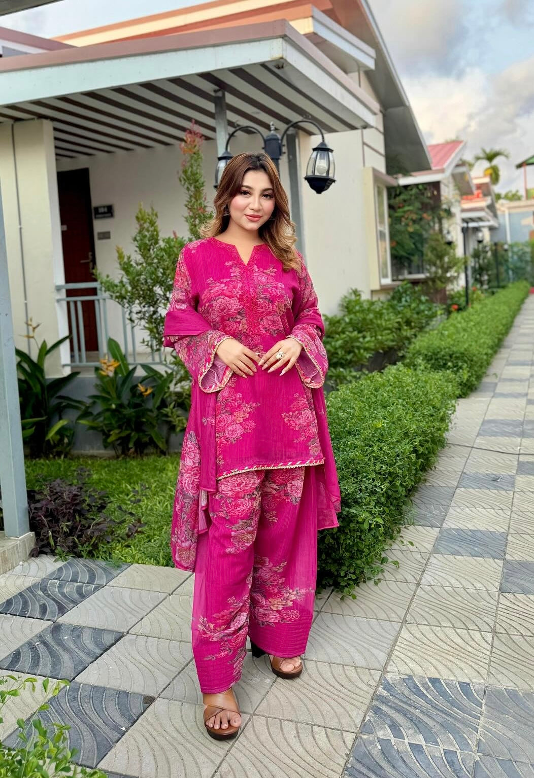 Pink Salwar Suit Features a Georgette Kurta And Farshi Pants Set