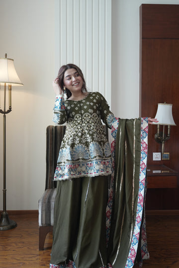 Olive Green Chinon Sharara Suit Features Intricate Multi-Colored Floral Embroidery