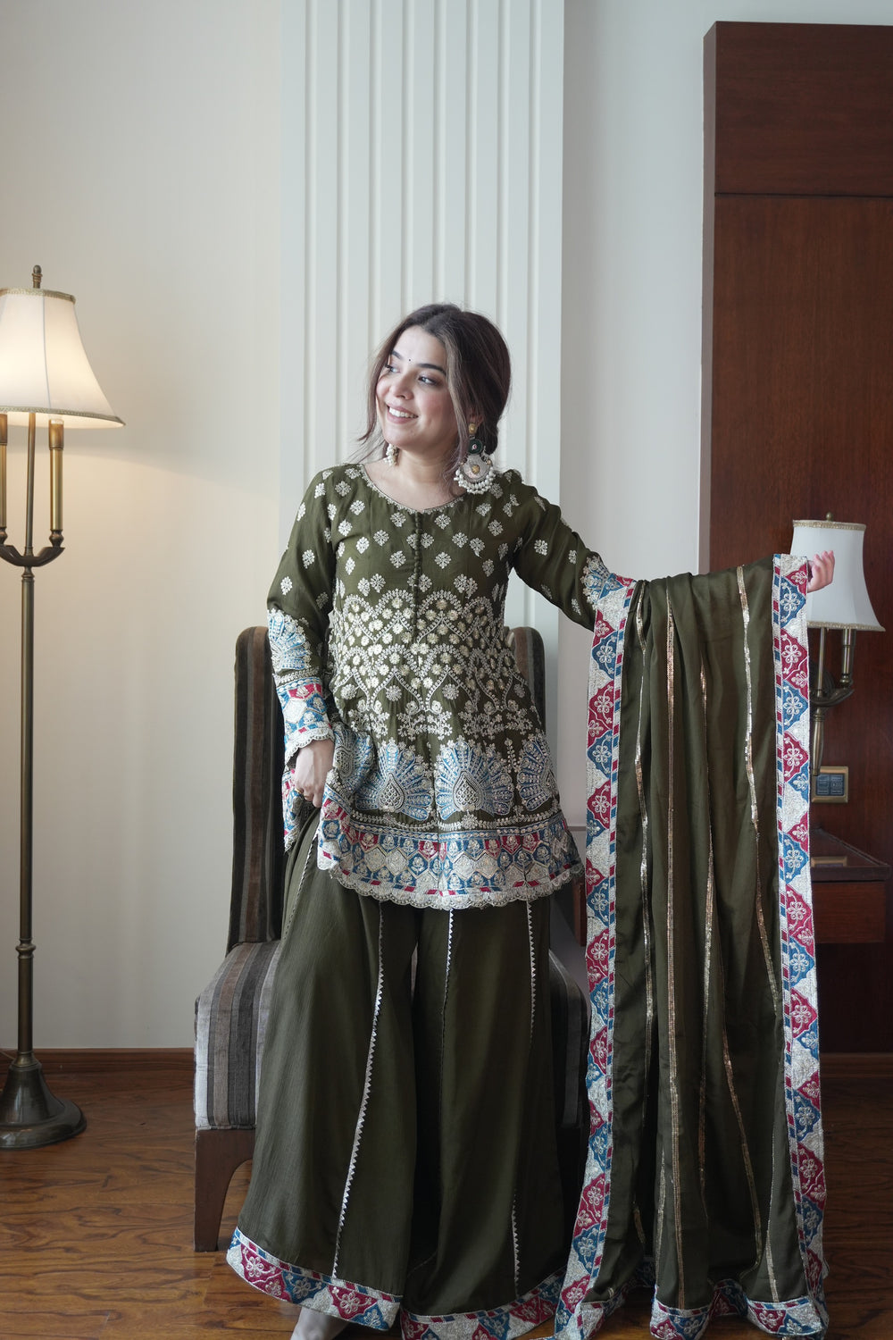Olive Green Chinon Floral Embroidered Sharara Set