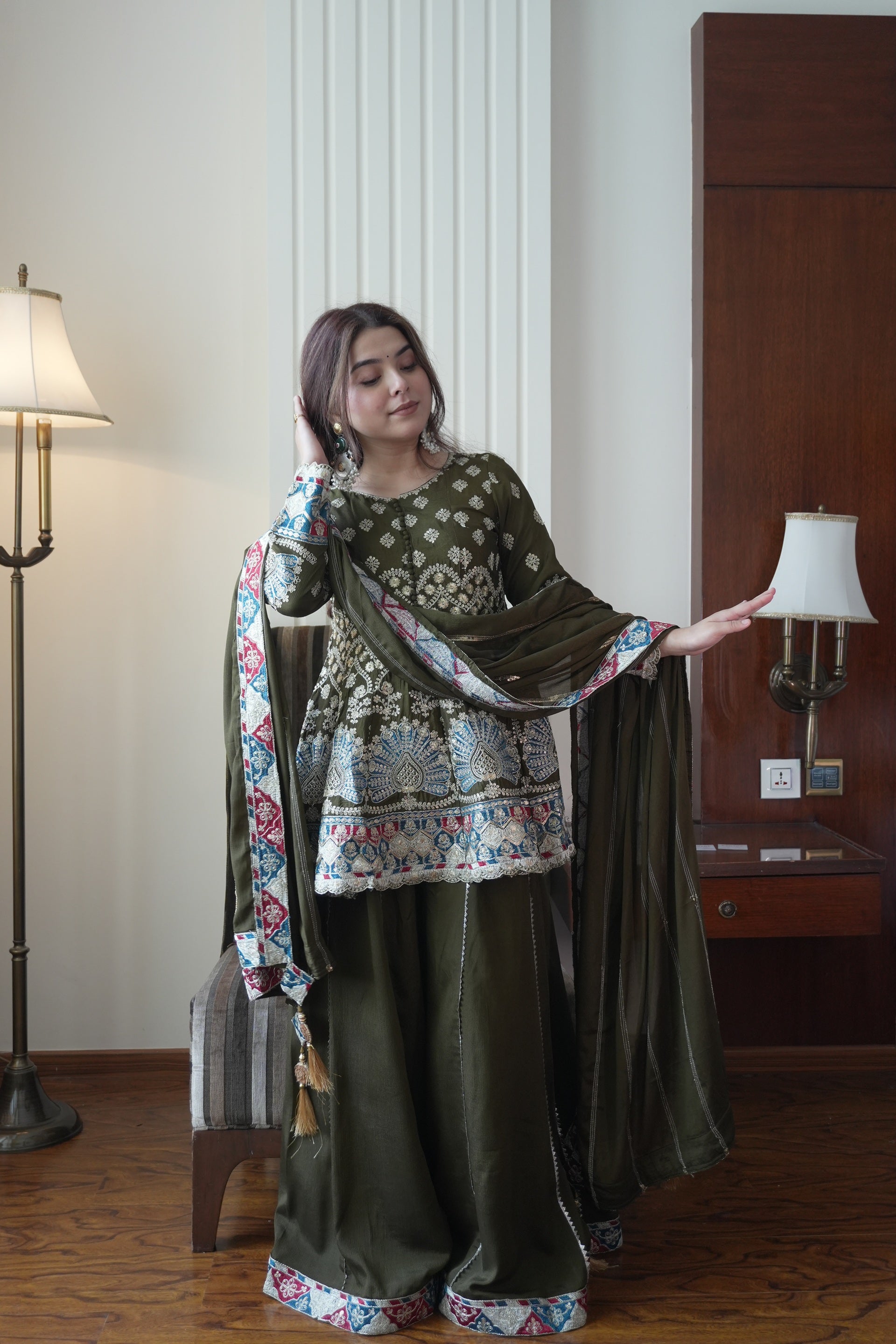 Olive Green Chinon Sharara Suit Features Intricate Multi-Colored Floral Embroidery