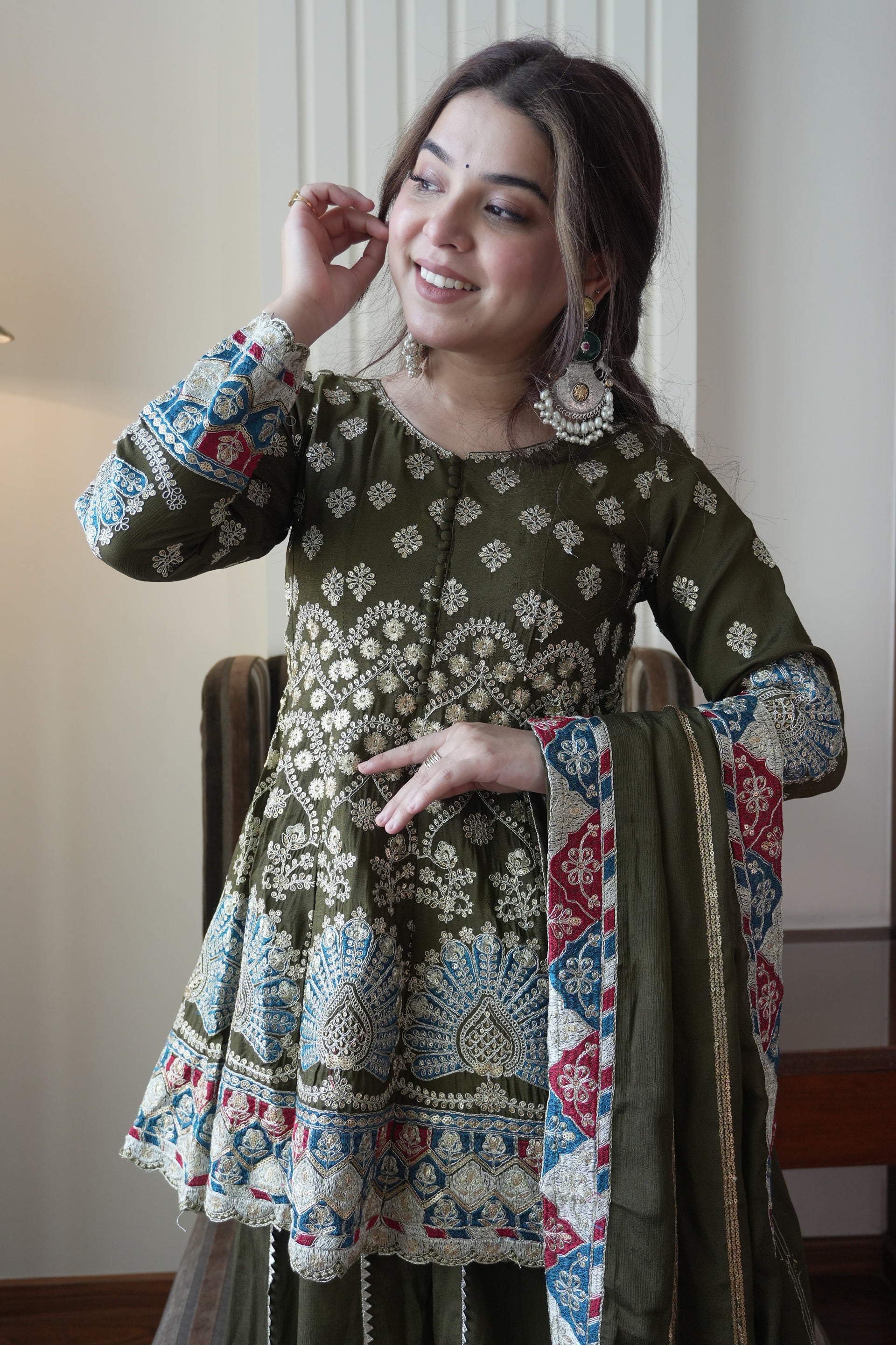 Olive Green Chinon Sharara Suit Features Intricate Multi-Colored Floral Embroidery