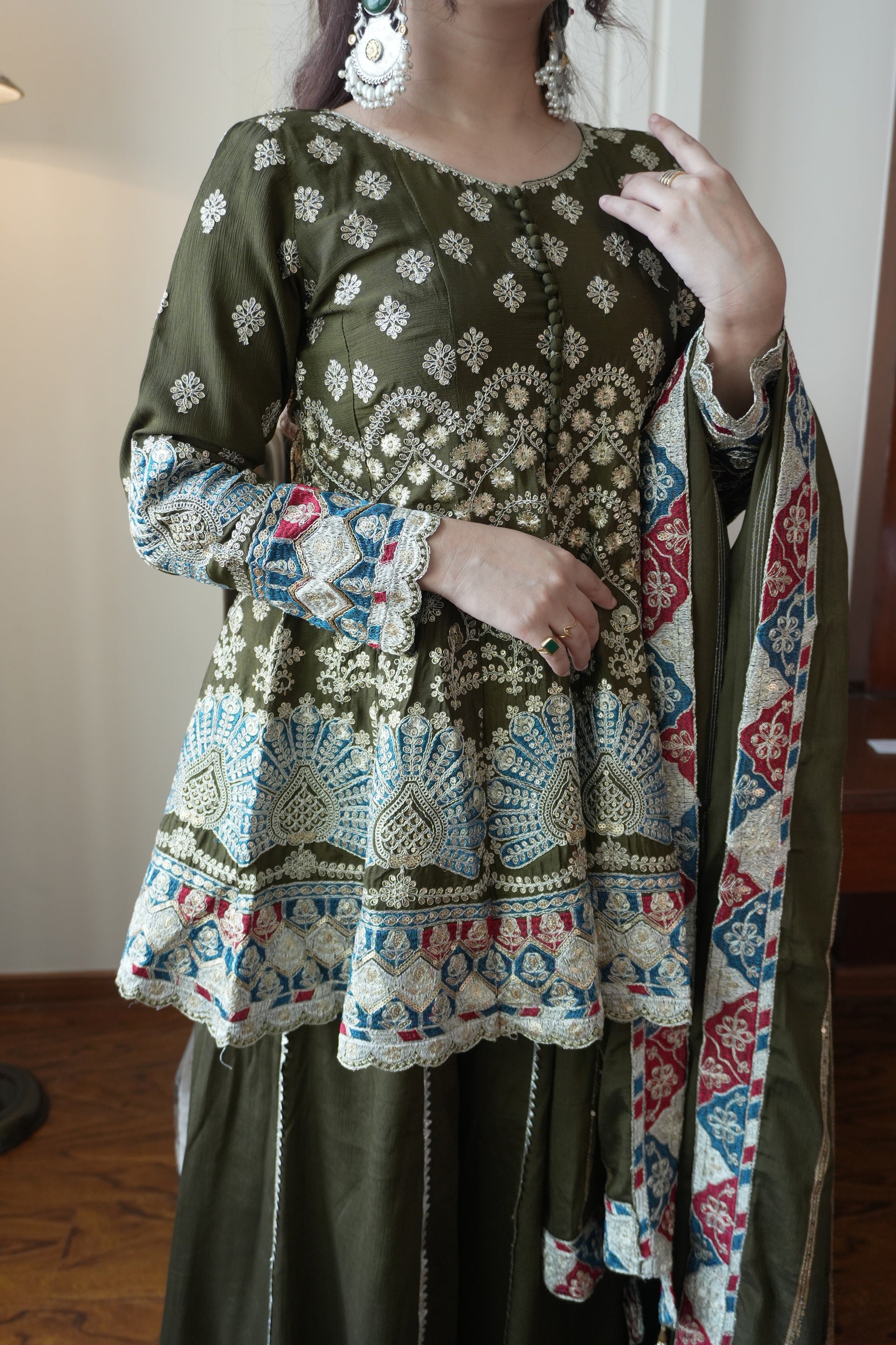 Olive Green Chinon Sharara Suit Features Intricate Multi-Colored Floral Embroidery