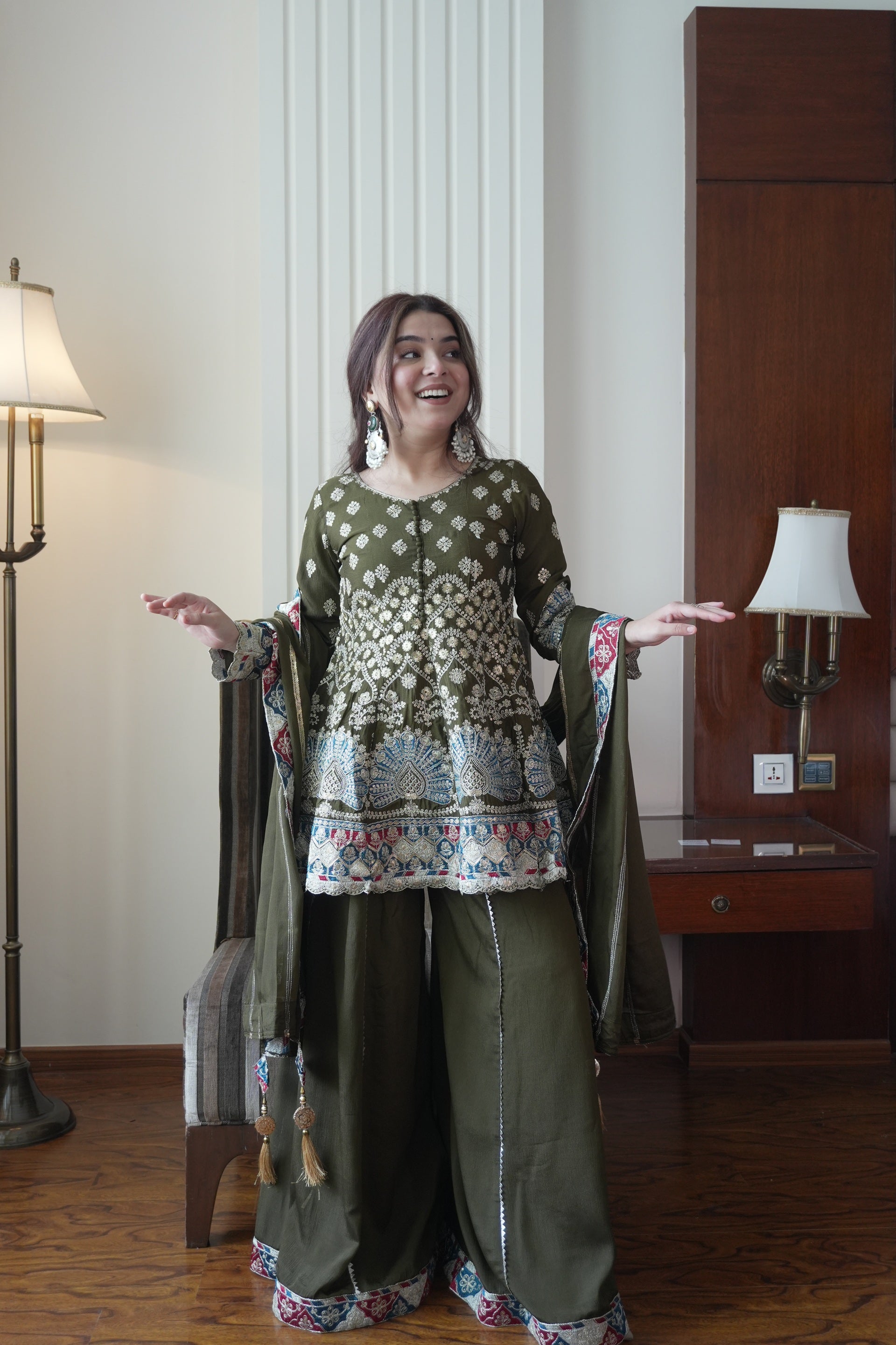 Olive Green Chinon Sharara Suit Features Intricate Multi-Colored Floral Embroidery