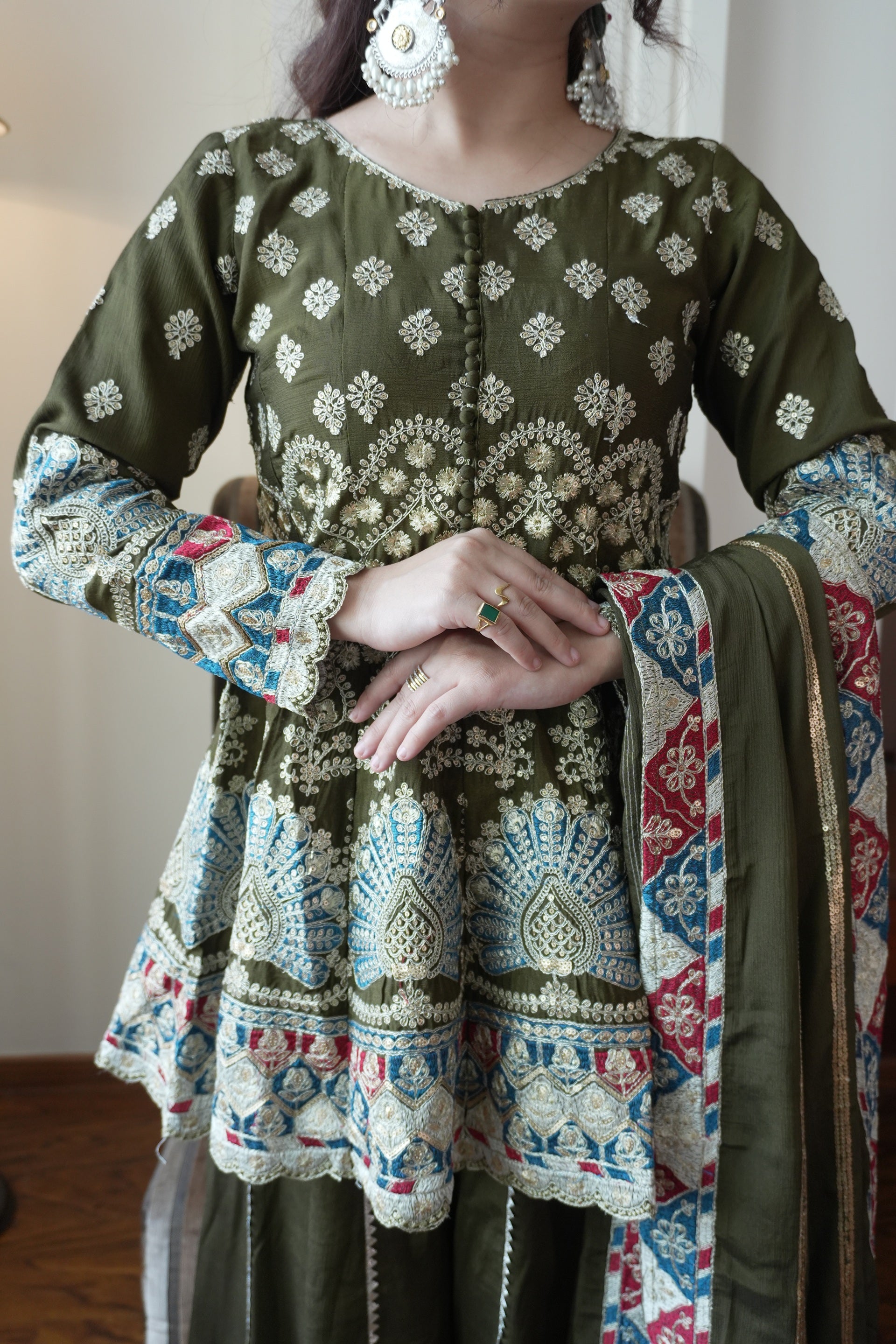 Olive Green Chinon Sharara Suit Features Intricate Multi-Colored Floral Embroidery