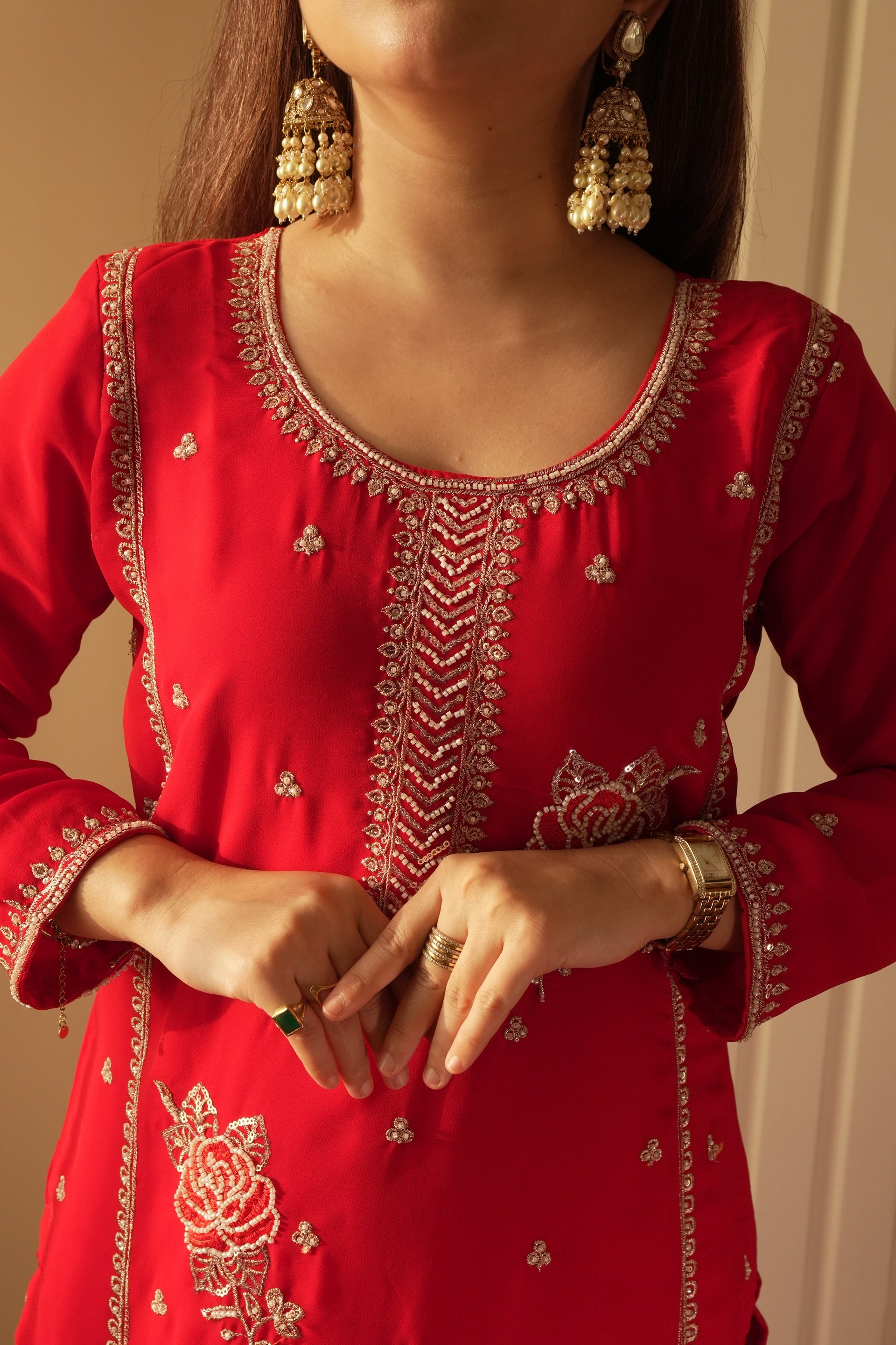 Crimson Red Embroidered Kurta Set Features Delicate Sequin