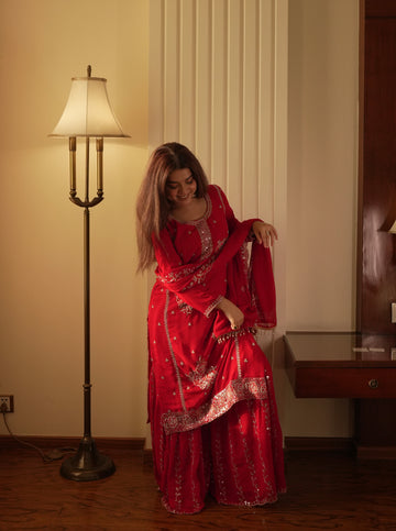 Crimson Red Embroidered Kurta Set Features Delicate Sequin