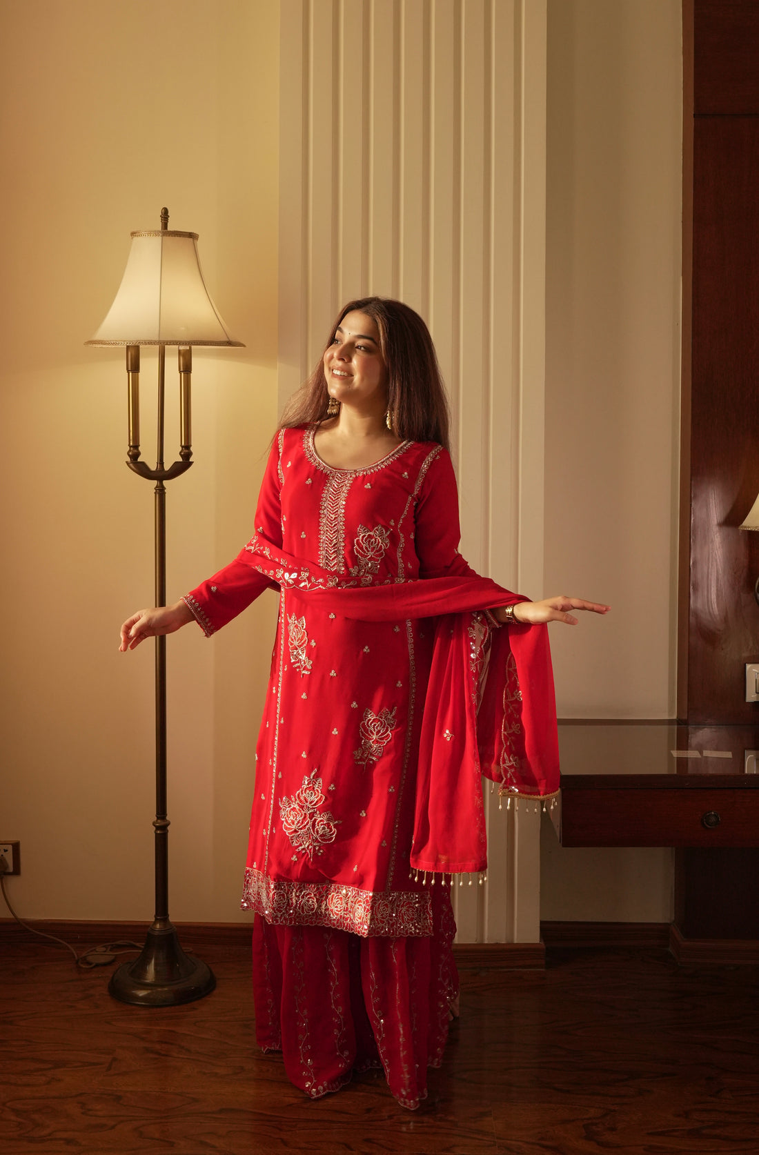 Crimson Red Embroidered Kurta Set Features Delicate Sequin