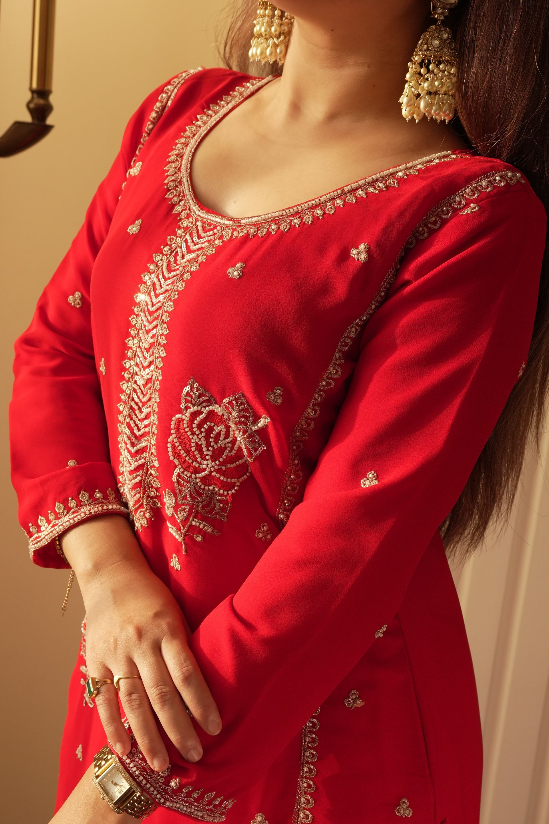 Crimson Red Embroidered Kurta Set Features Delicate Sequin