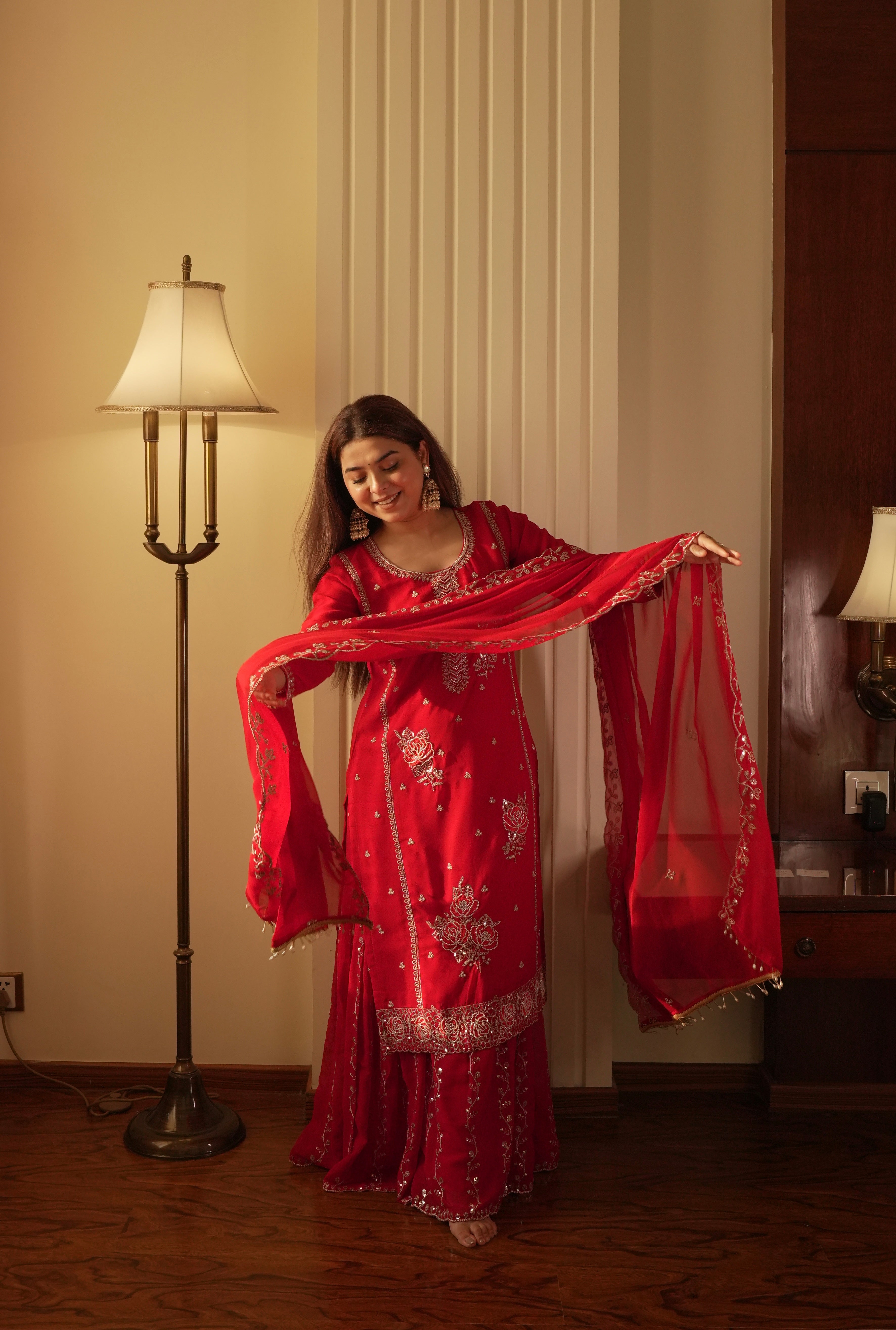 Crimson Red Embroidered Kurta Set Features Delicate Sequin