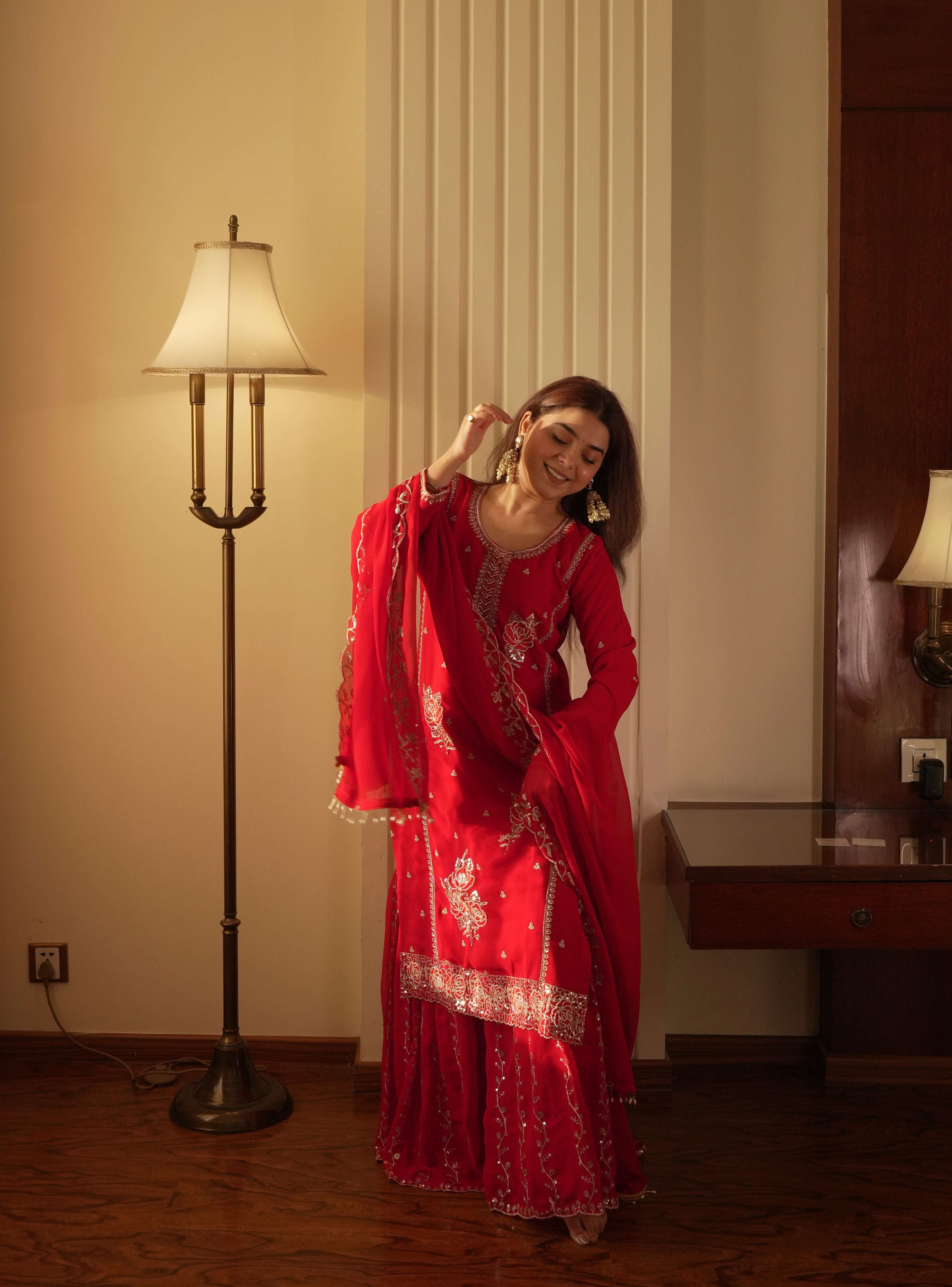 Crimson Red Embroidered Kurta Set Features Delicate Sequin