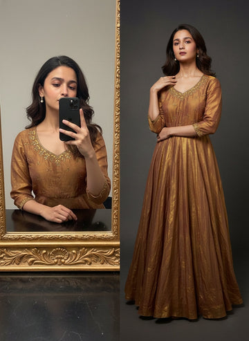 Antique Gold Space Silk Anarkali Gown with Moti Handwork