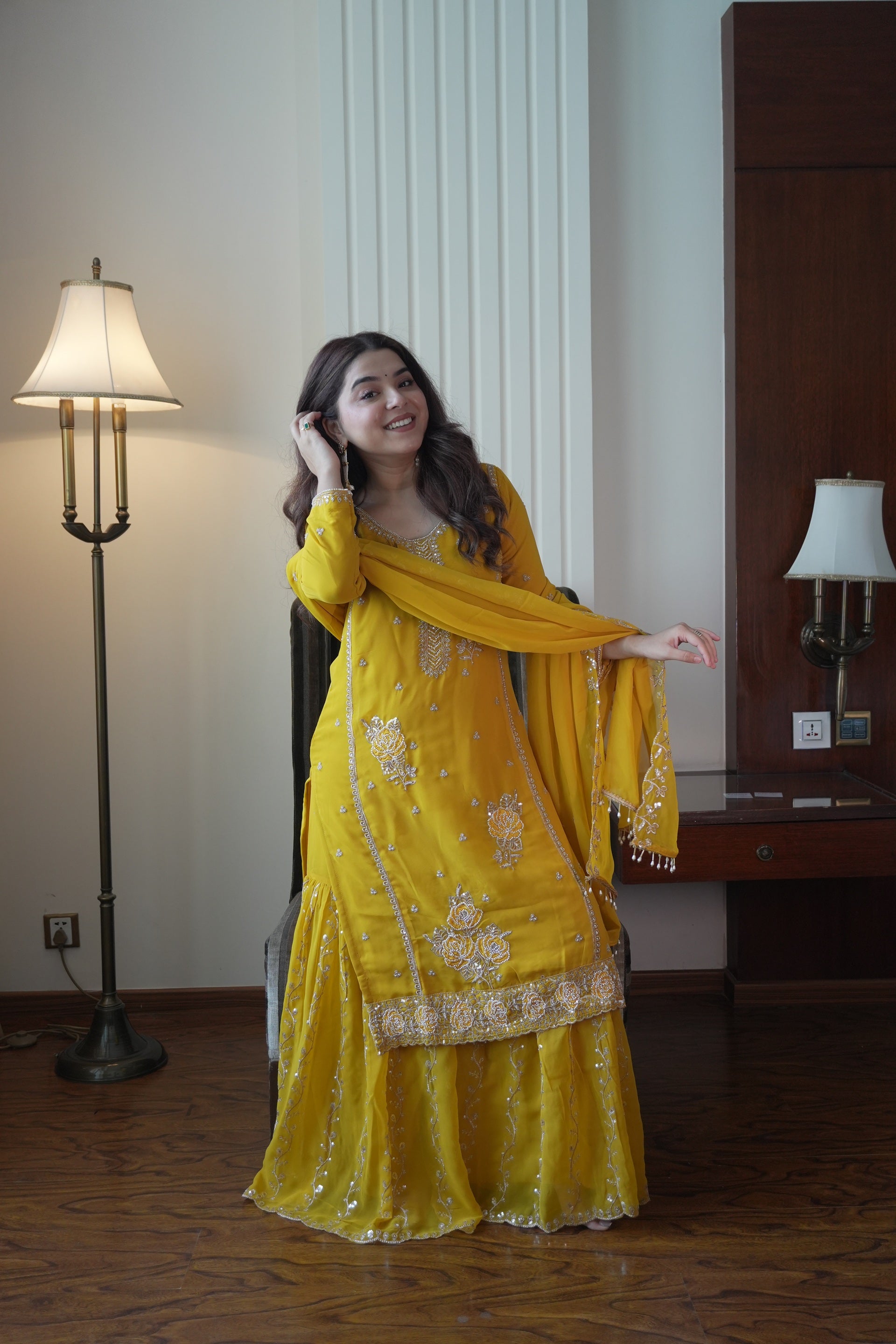 Yellow Fox Georgette Gharara Suit Features Intricate Sequence Embroidery