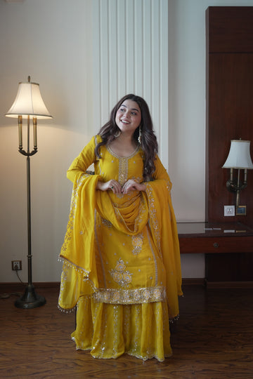 Yellow Fox Georgette Gharara Suit Features Intricate Sequence Embroidery