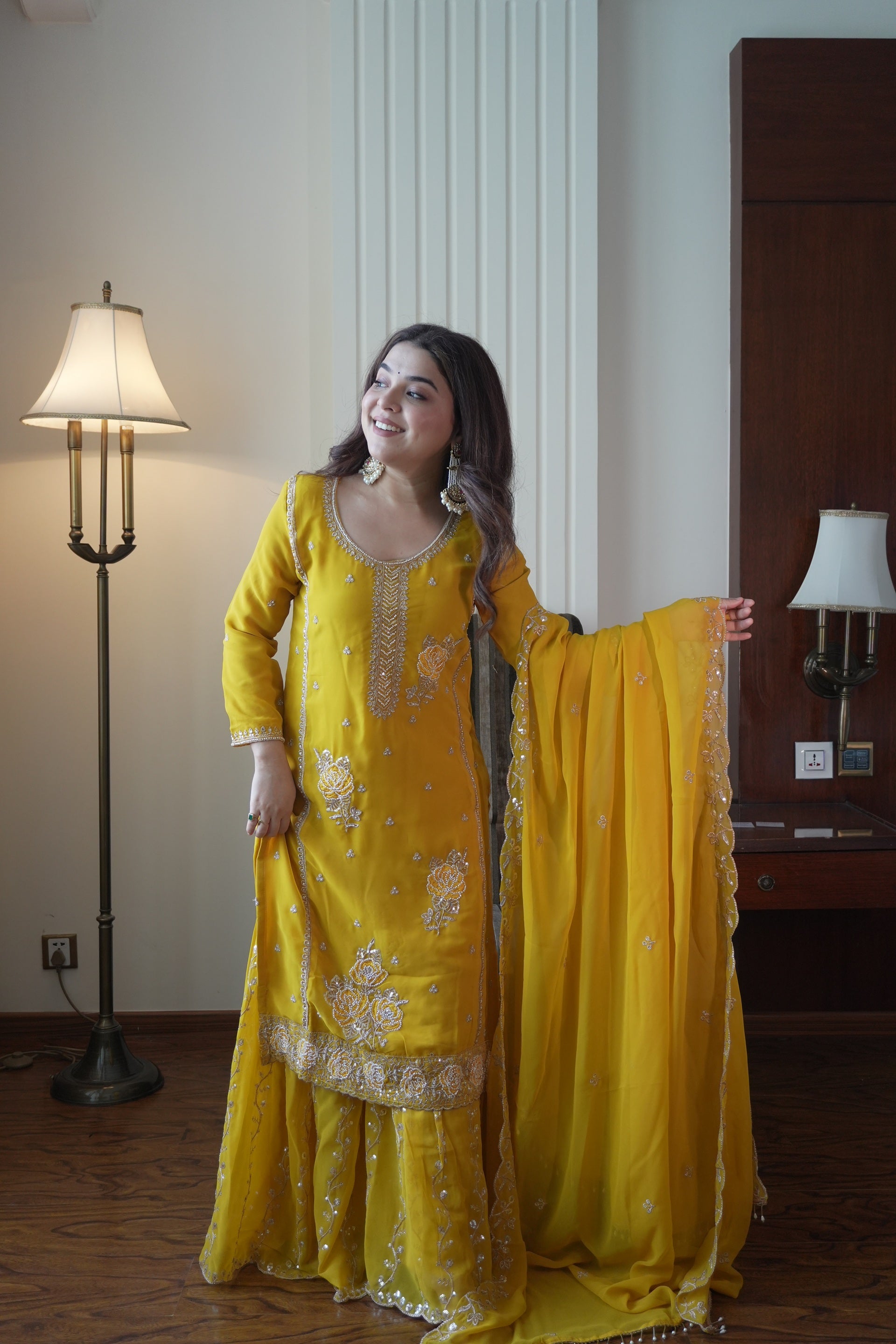 Yellow Fox Georgette Gharara Suit Features Intricate Sequence Embroidery
