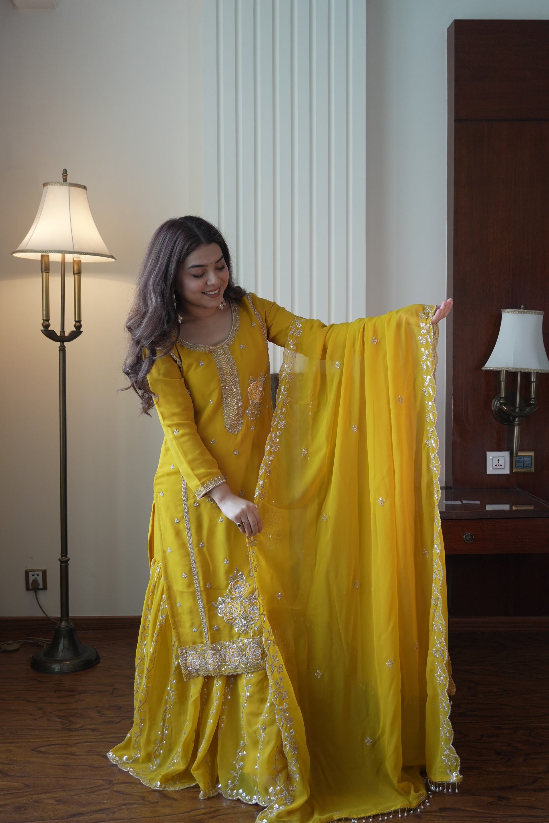 Yellow Fox Georgette Gharara Suit Features Intricate Sequence Embroidery