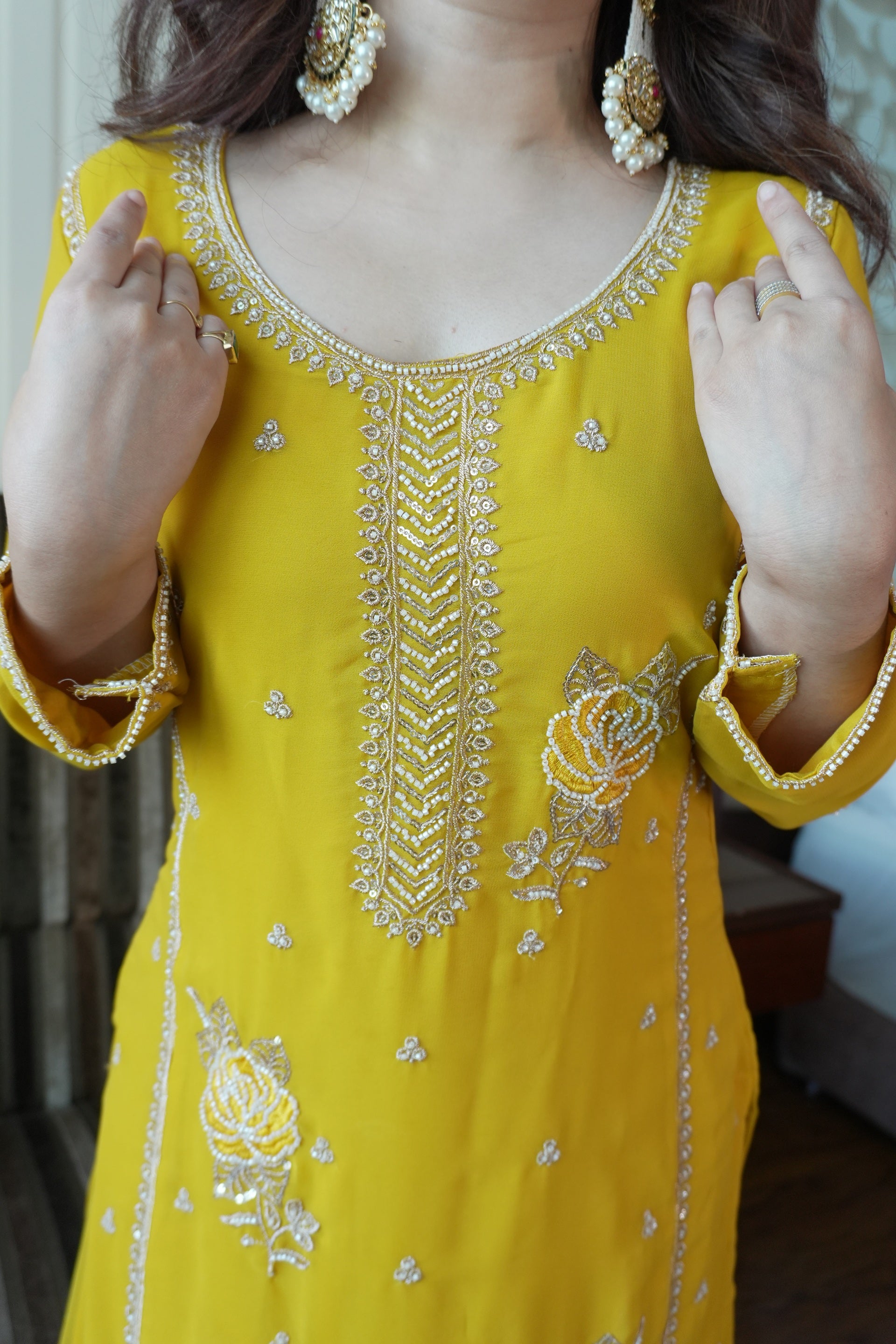 Yellow Fox Georgette Gharara Suit Features Intricate Sequence Embroidery