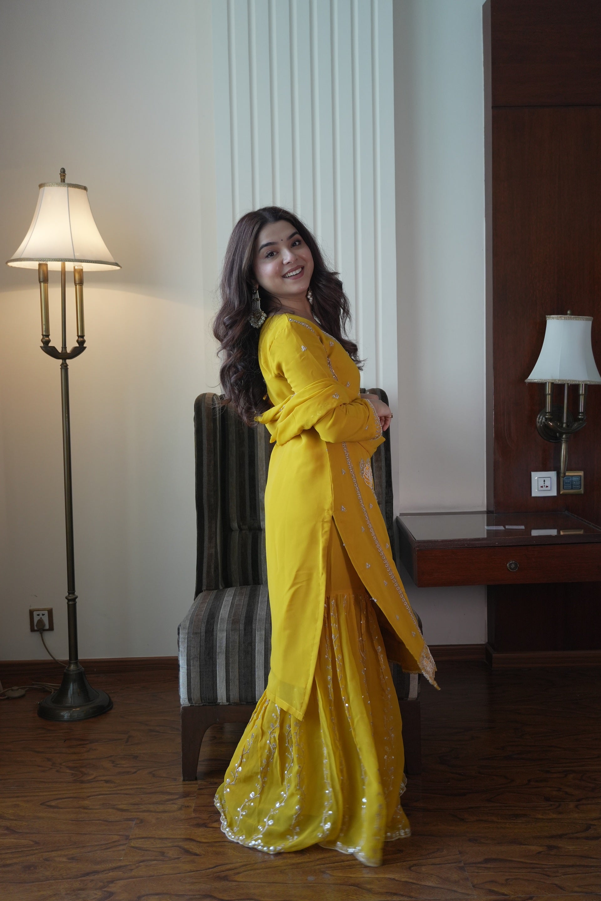 Yellow Fox Georgette Gharara Suit Features Intricate Sequence Embroidery