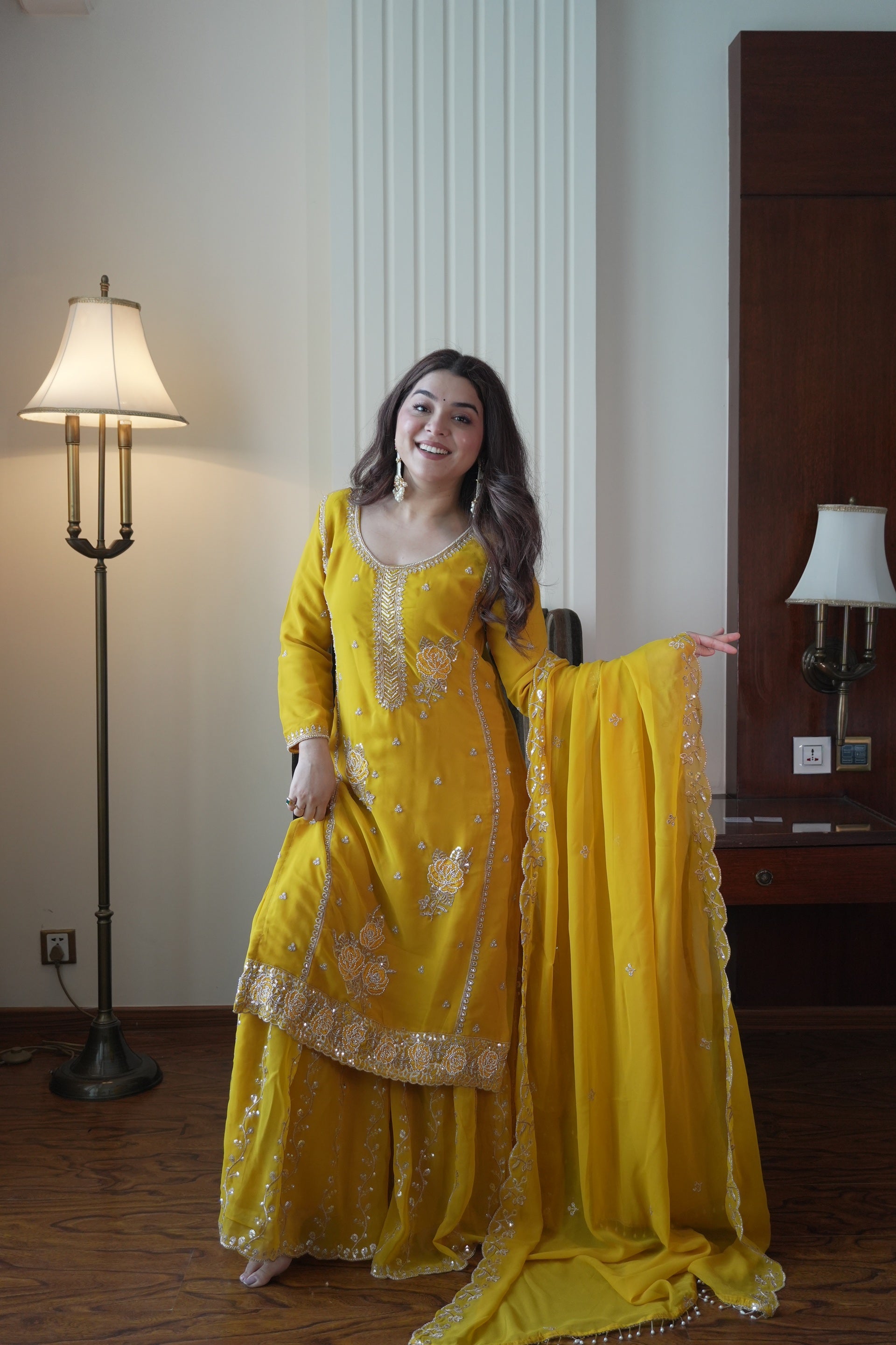 Yellow Fox Georgette Gharara Suit Features Intricate Sequence Embroidery