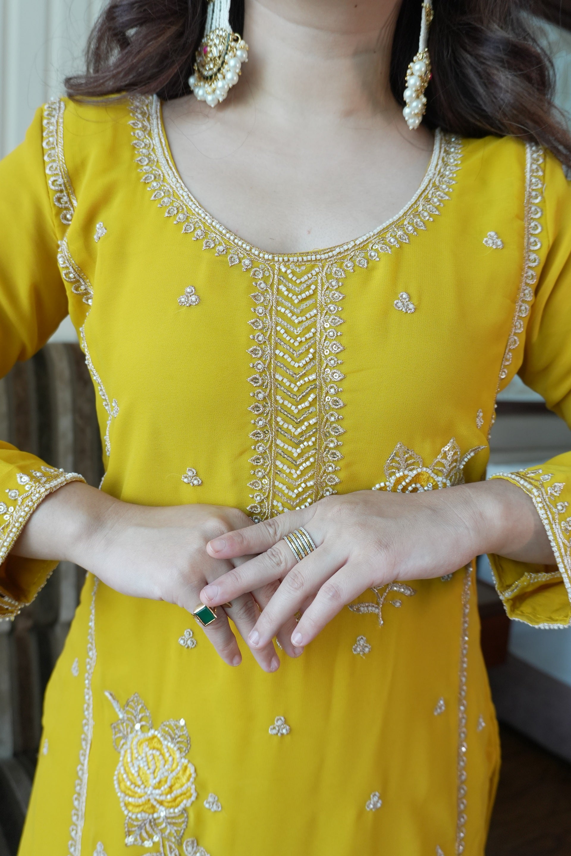 Yellow Fox Georgette Gharara Suit Features Intricate Sequence Embroidery