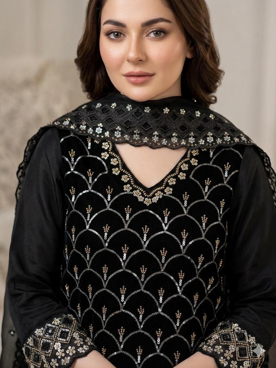 Black Embroidered Palazzo Set Features Intricate Gold Detailing
