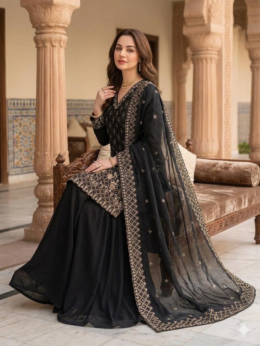 Black Embroidered Palazzo Set Features Intricate Gold Detailing