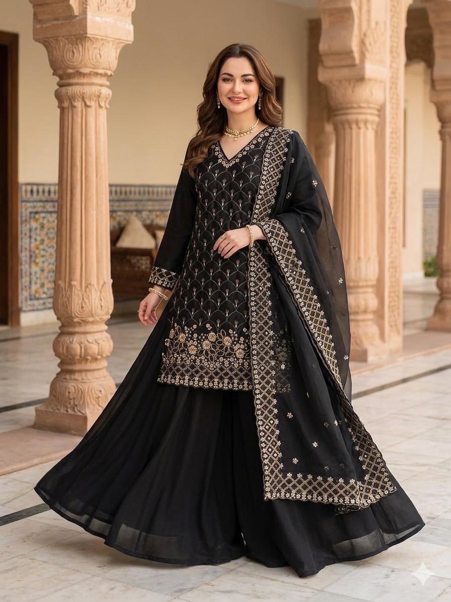 Black Embroidered Palazzo Set Features Intricate Gold Detailing