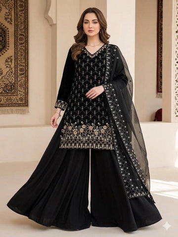Black Embroidered Palazzo Set Features Intricate Gold Detailing
