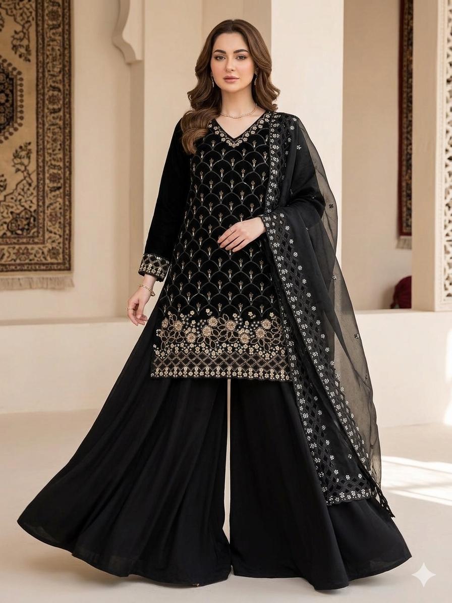 Black Embroidered Palazzo Set Features Intricate Gold Detailing
