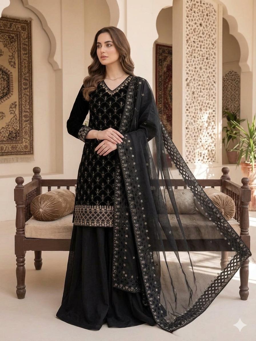 Black Embroidered Palazzo Set Features Intricate Gold Detailing