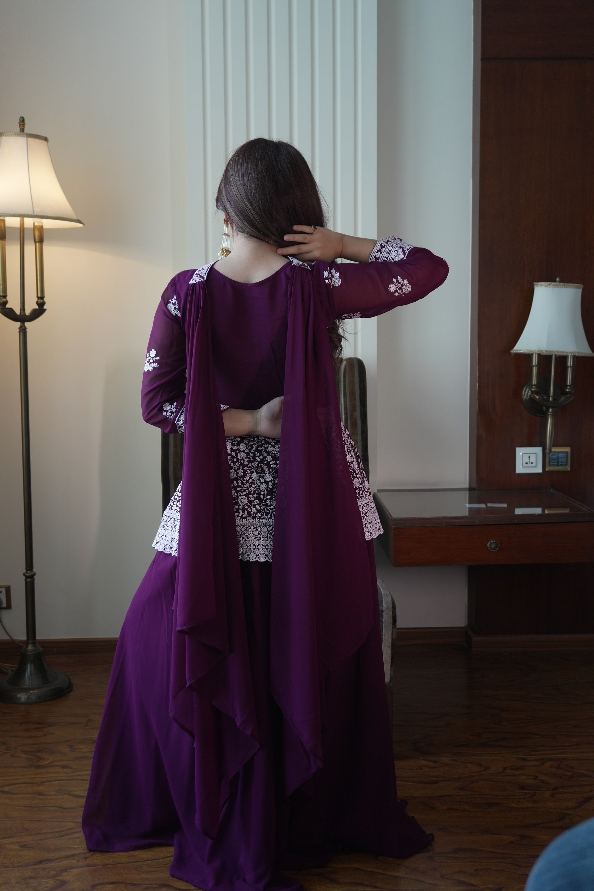 Deep Purple Colored Georgette Embroidered Peplum Top And Palazzo Set