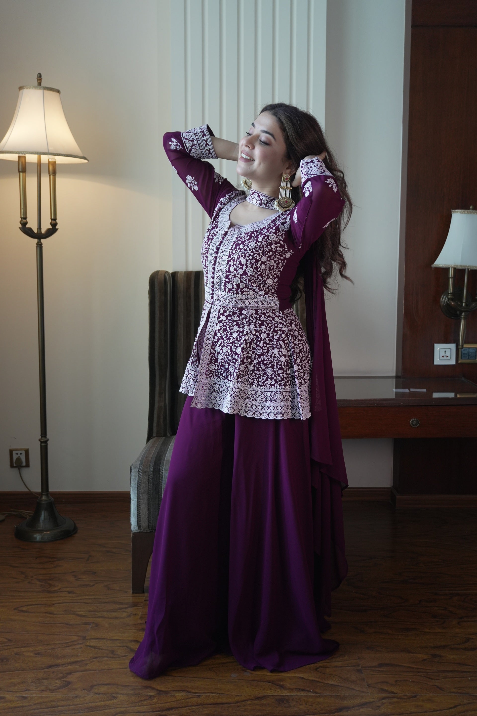 Deep Purple Colored Georgette Embroidered Peplum Top And Palazzo Set