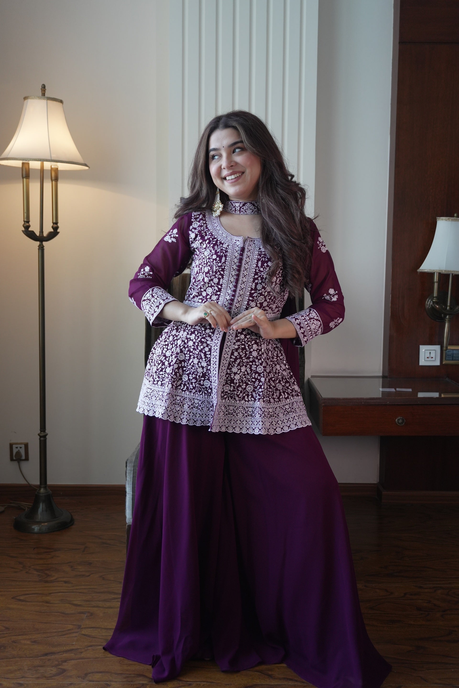 Deep Purple Colored Georgette Embroidered Peplum Top And Palazzo Set