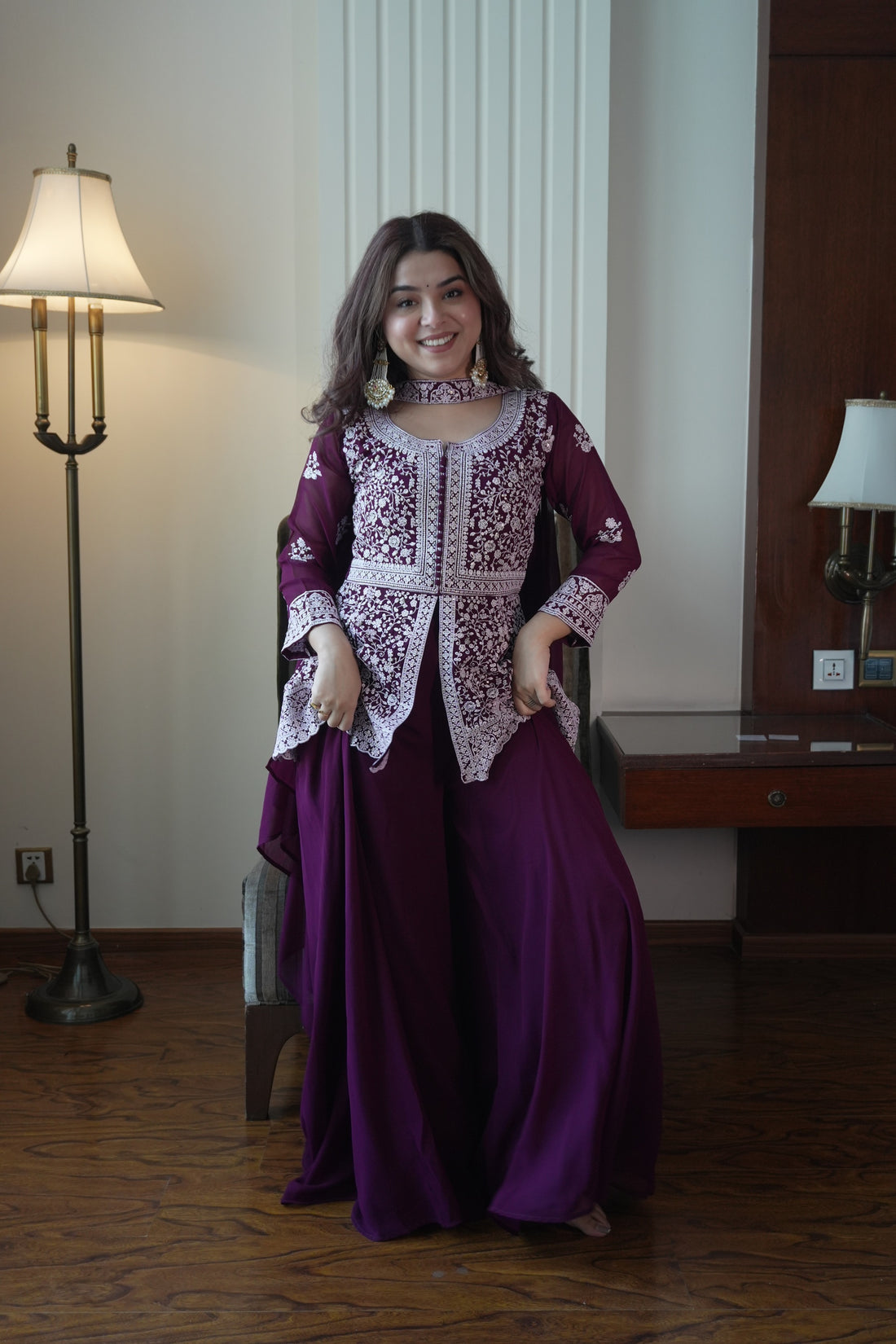 Deep Purple Colored Georgette Embroidered Peplum Top And Palazzo Set