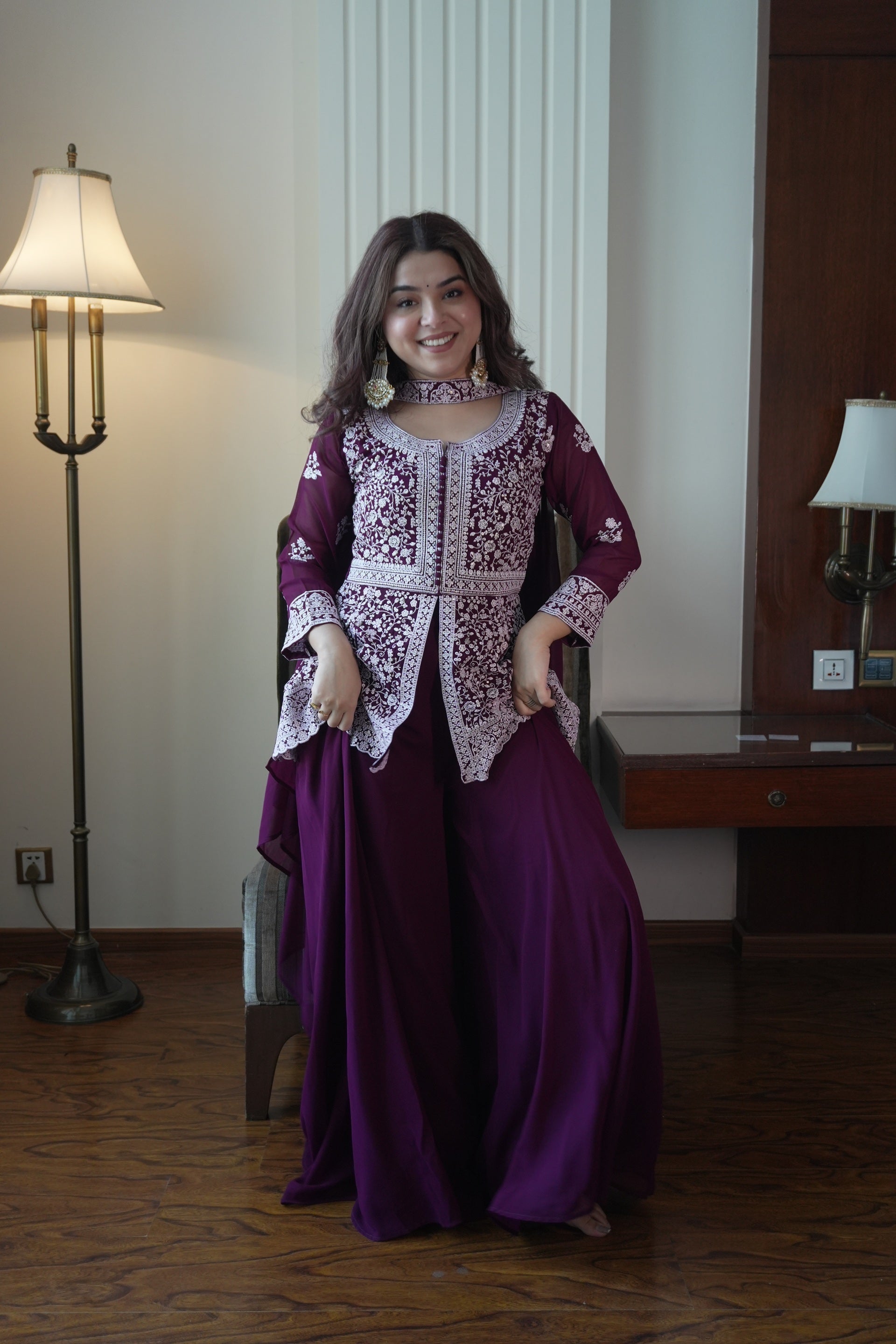 Deep Purple Colored Georgette Embroidered Peplum Top And Palazzo Set