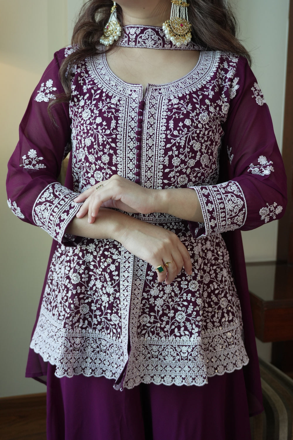 Deep Purple Colored Georgette Embroidered Peplum Top And Palazzo Set
