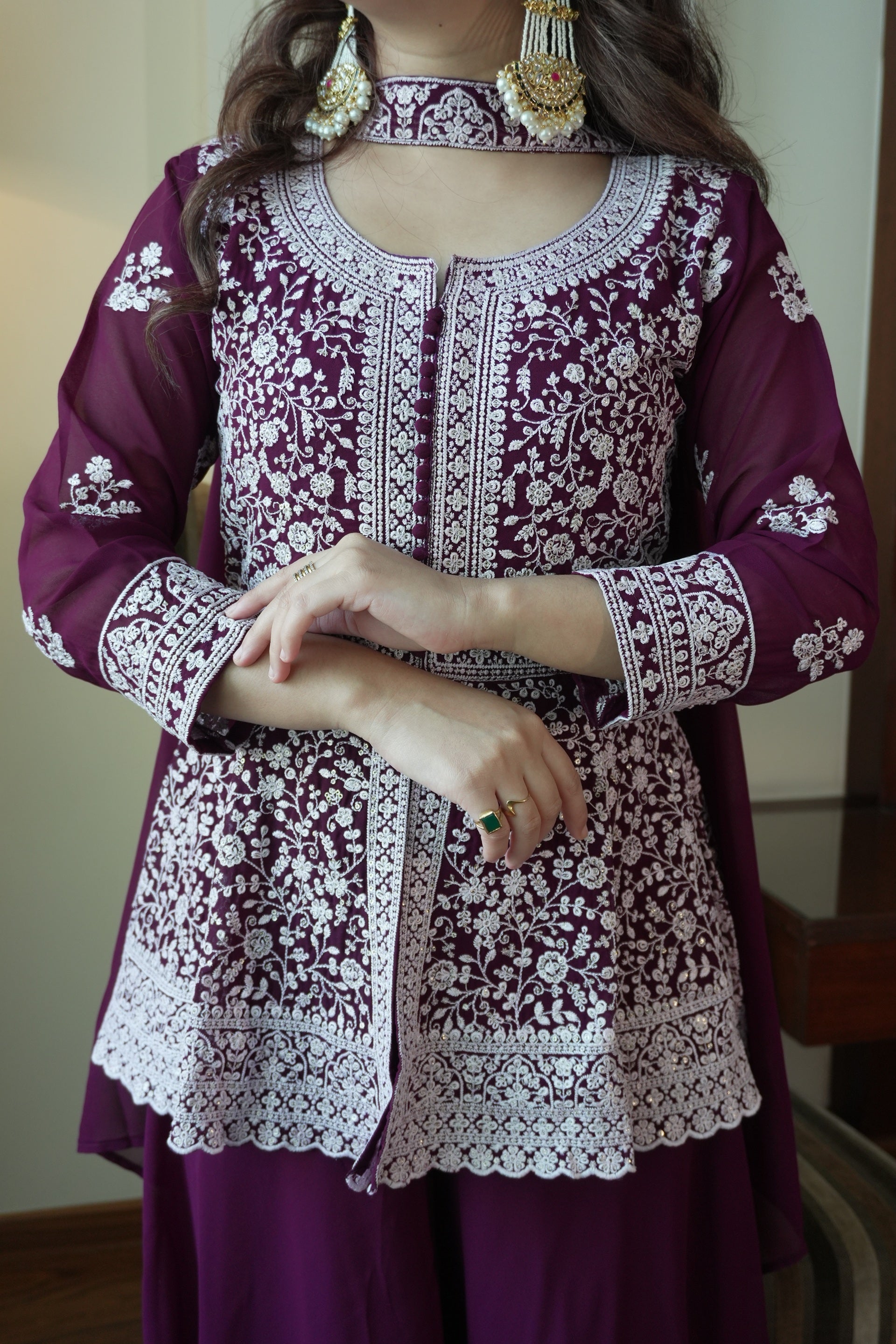 Deep Purple Colored Georgette Embroidered Peplum Top And Palazzo Set