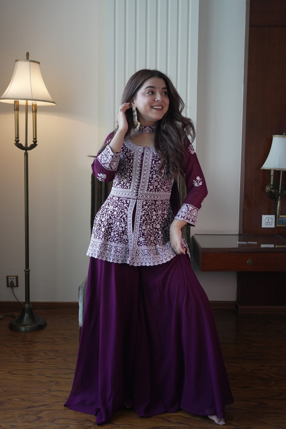 Deep Purple Colored Georgette Embroidered Peplum Top And Palazzo Set