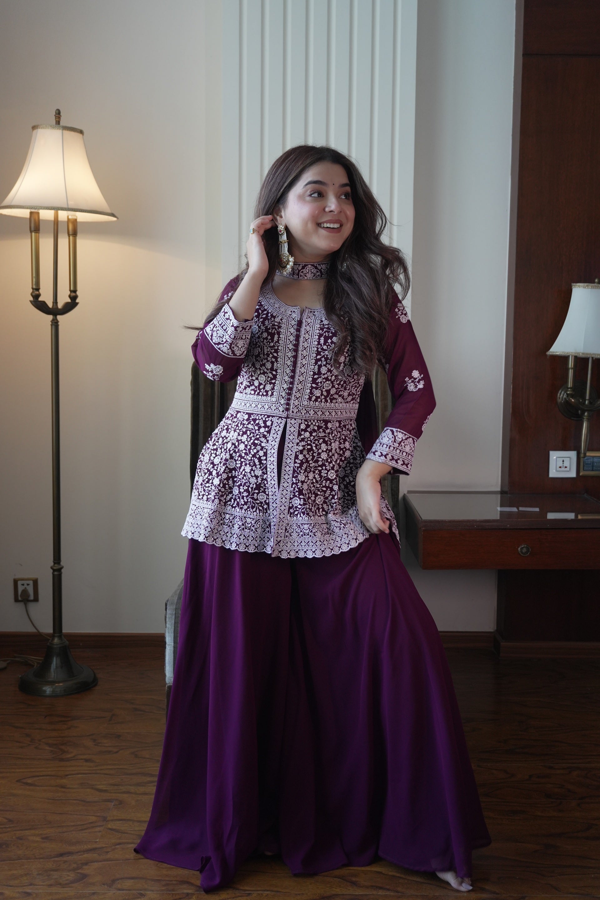 Deep Purple Colored Georgette Embroidered Peplum Top And Palazzo Set