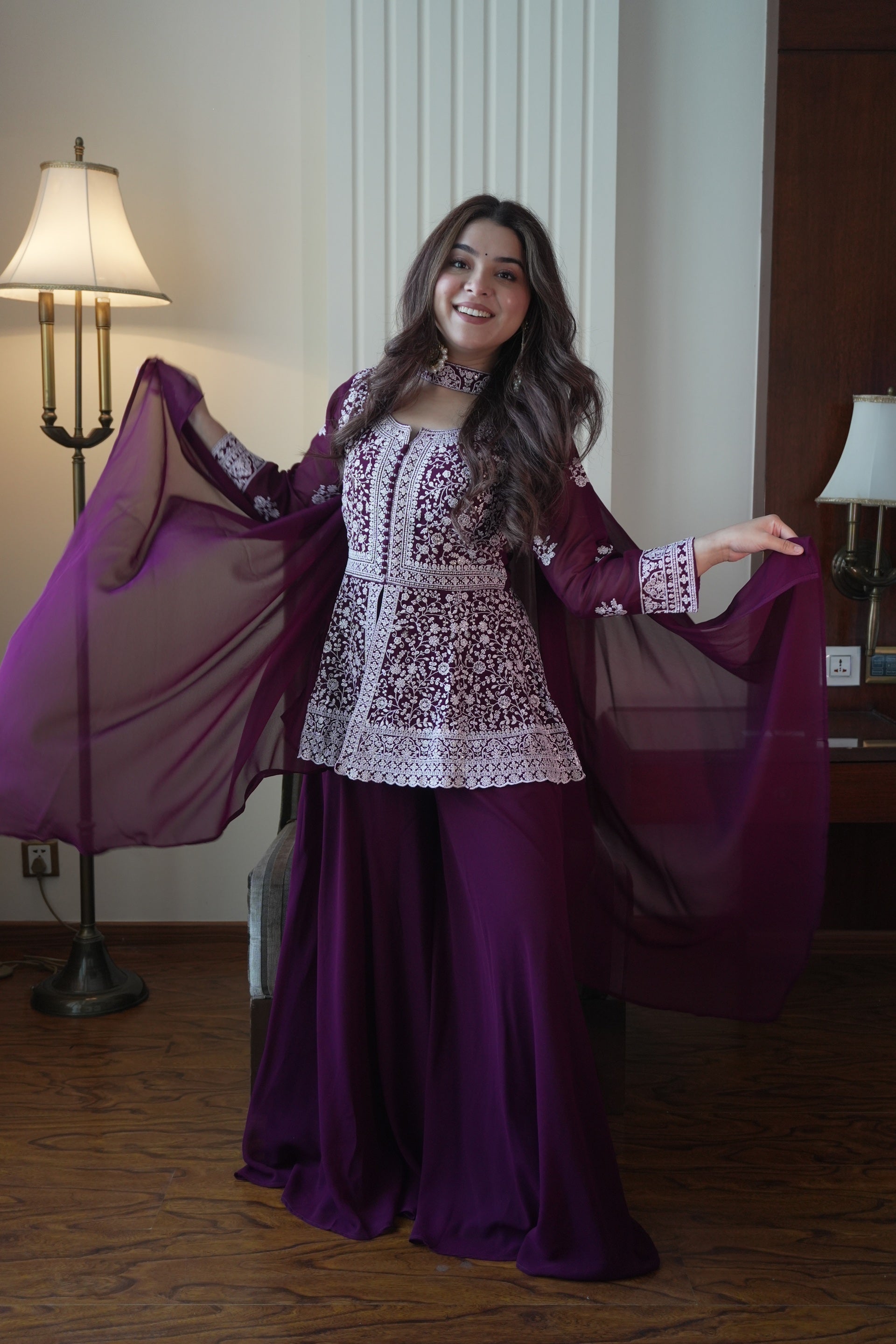 Deep Purple Colored Georgette Embroidered Peplum Top And Palazzo Set