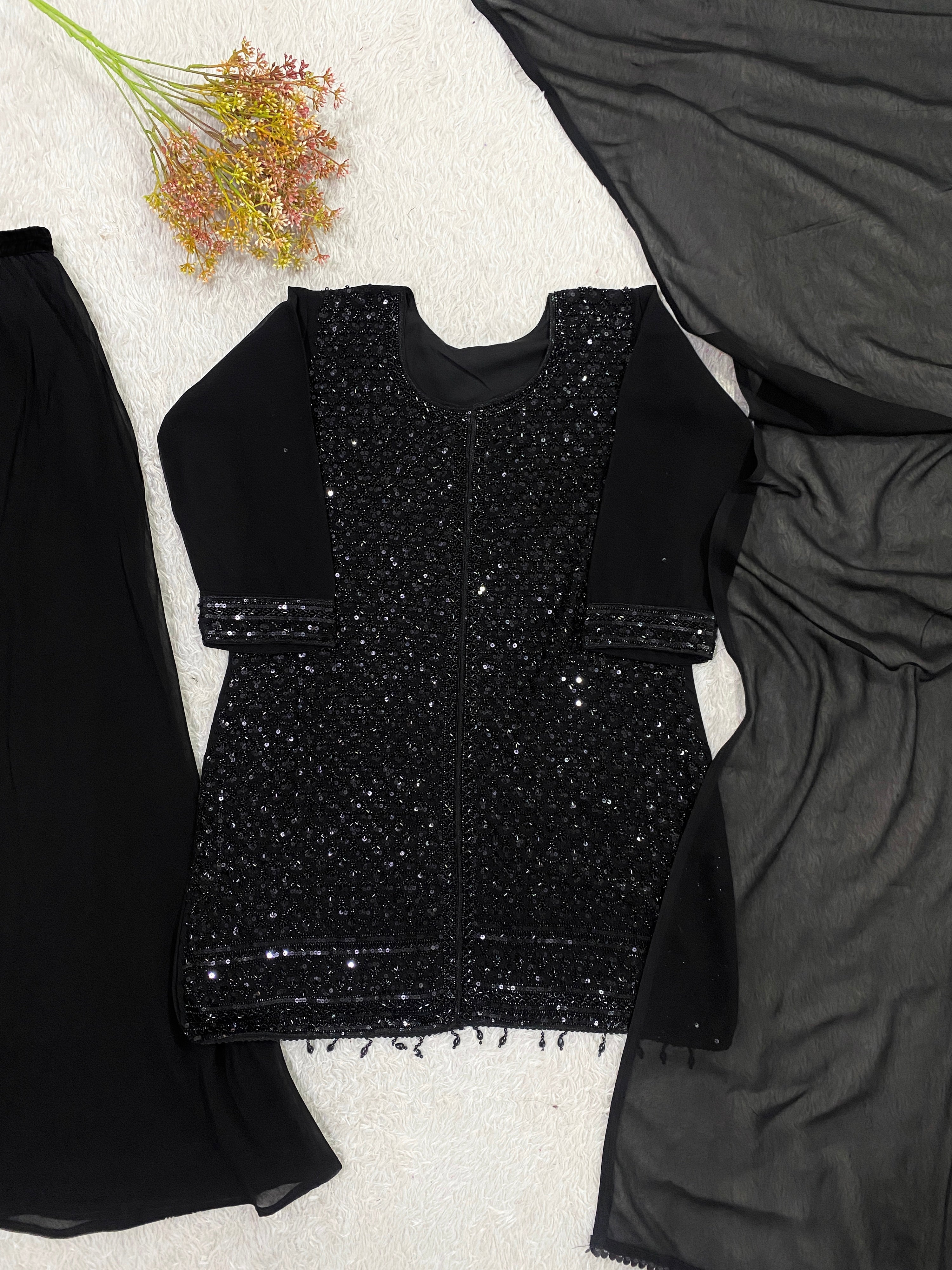 Black Georgette Sharara Suit Featuring Intricate Sequin Work
