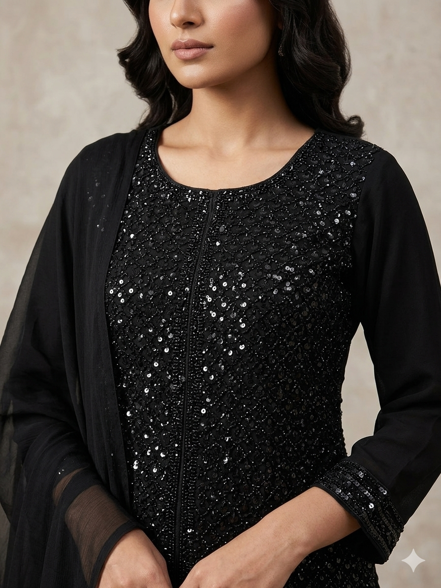 Black Georgette Sharara Suit Featuring Intricate Sequin Work