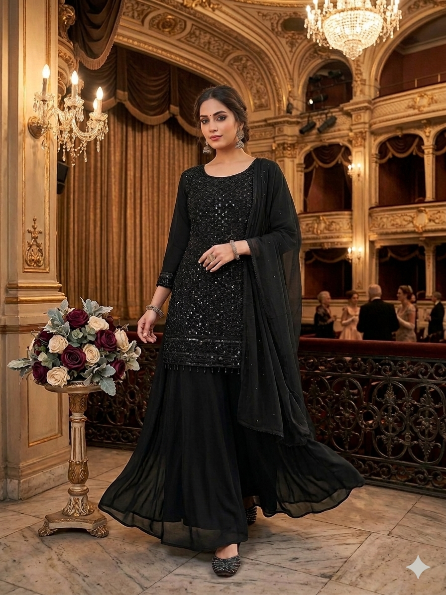 Black Georgette Sharara Suit Featuring Intricate Sequin Work
