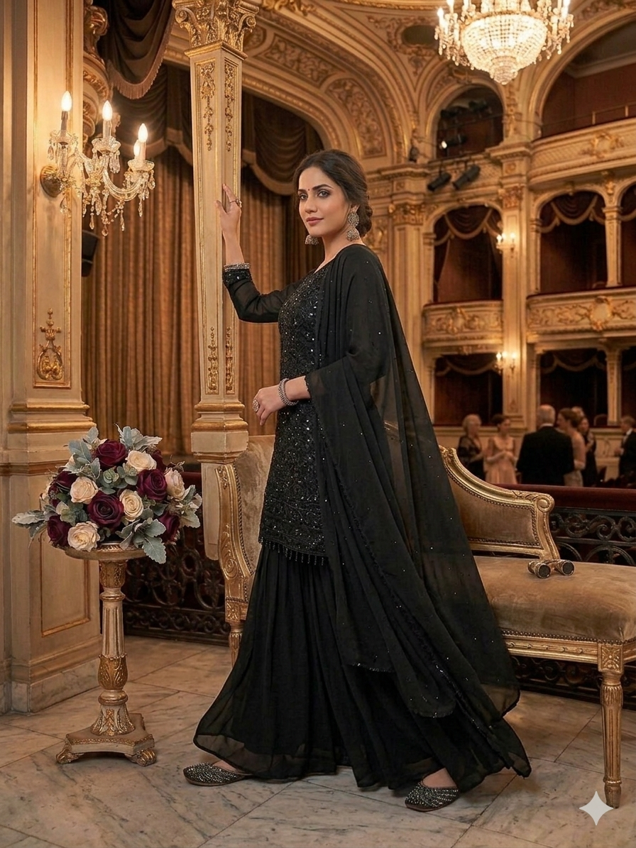 Black Georgette Sharara Suit Featuring Intricate Sequin Work