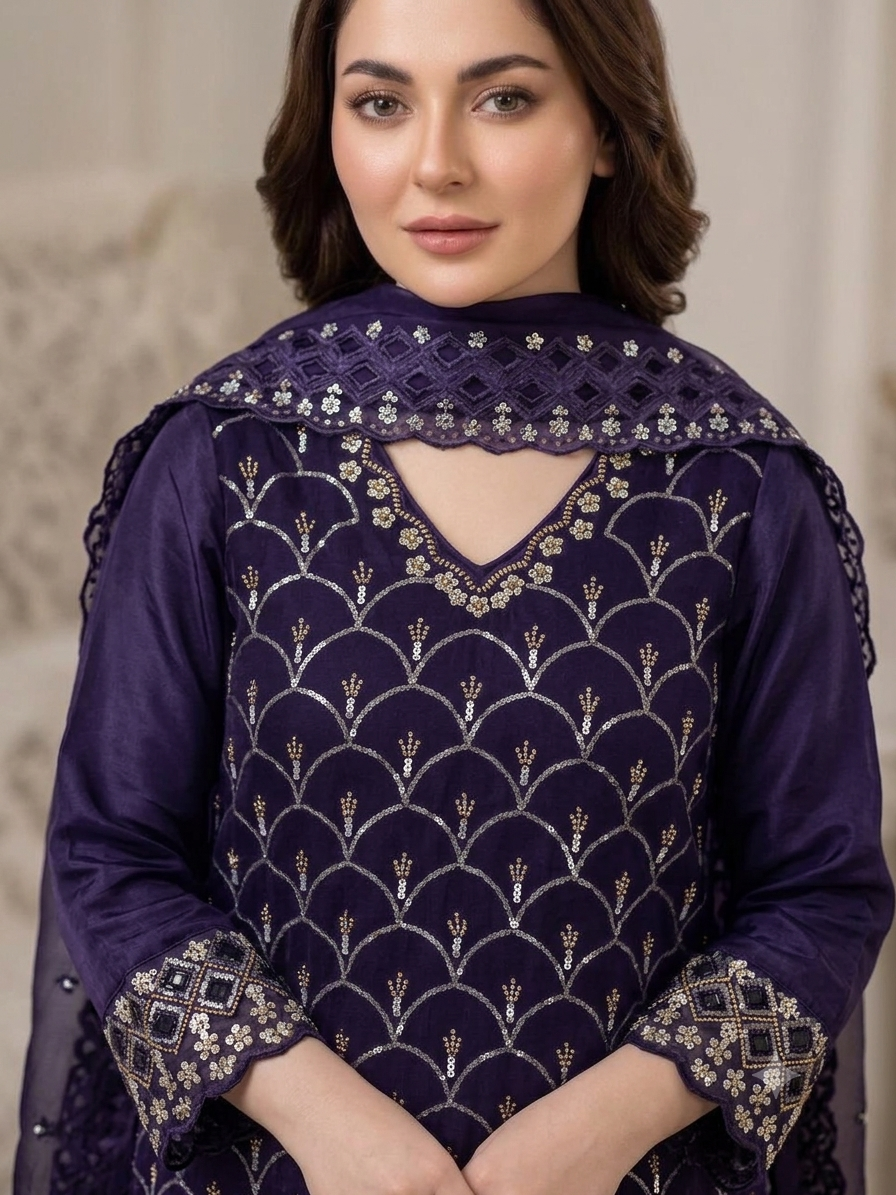 Purple Party Wear Outfit Is Fendy Silk Embroidered Kurti