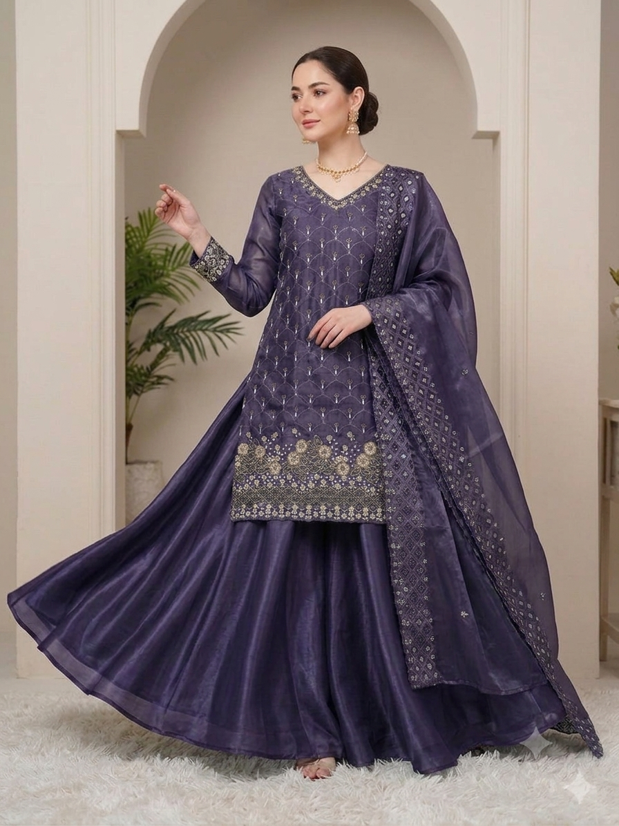 Purple Party Wear Outfit Is Fendy Silk Embroidered Kurti