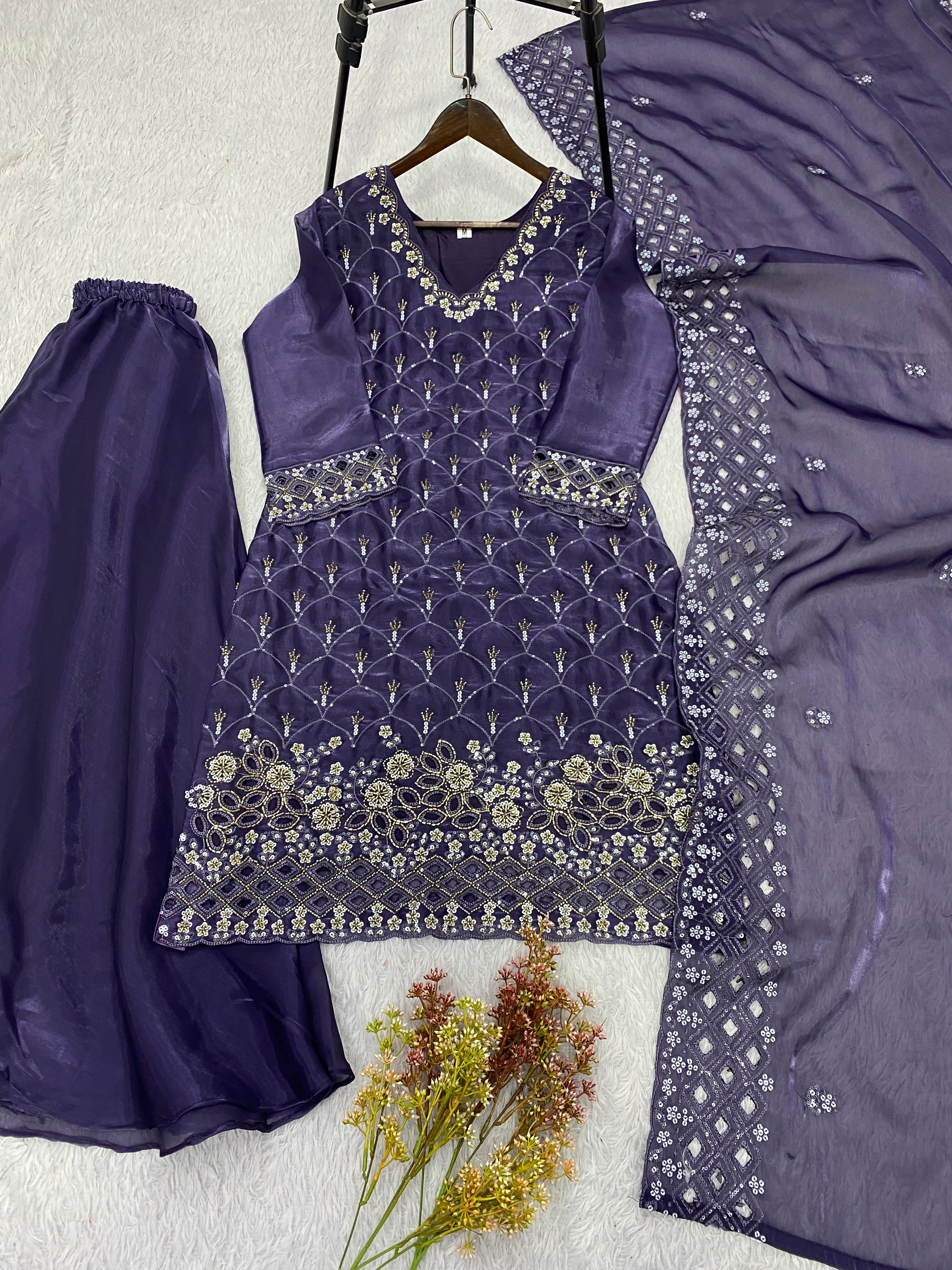 Purple Party Wear Outfit Is Fendy Silk Embroidered Kurti